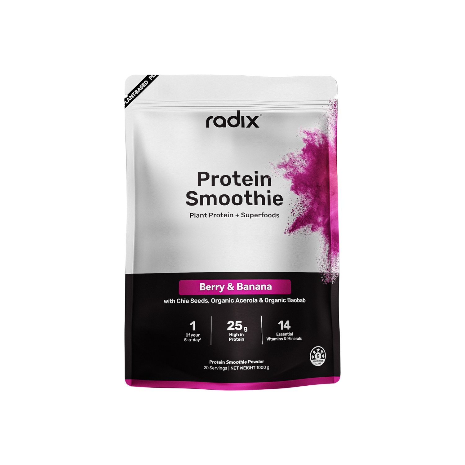 A Supplement bag with the Protein Smoothie (Berry & Banana) by Radix Nutrition.