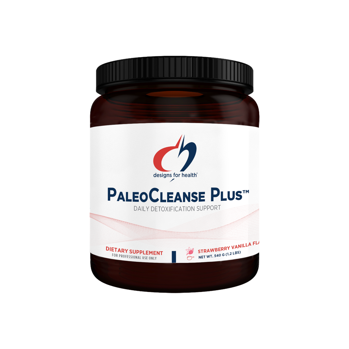 A supplement container of PaleoCleanse Plus (Strawberry Vanilla Flavour) by Designs for Health - USA