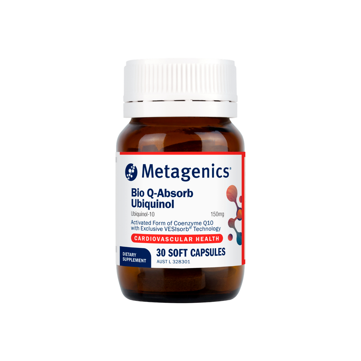 A supplement container of Bio Q-Absorb Ubiquinol by Metagenics