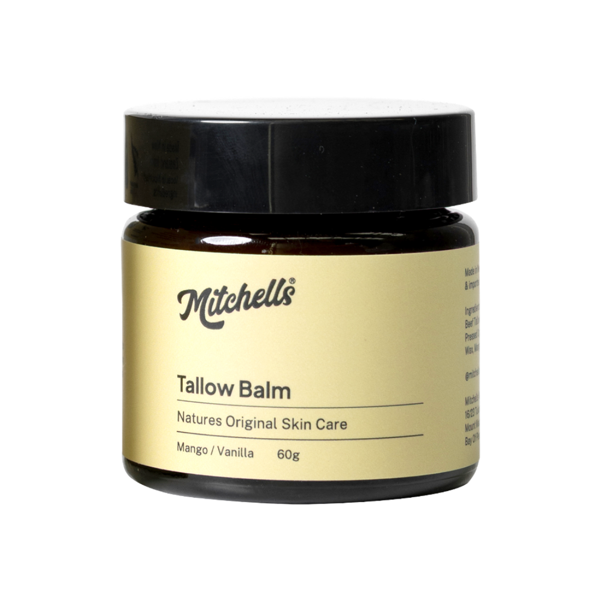A supplement container of Beef Tallow Balm (Mango & Vanilla) by Mitchells Nutrition