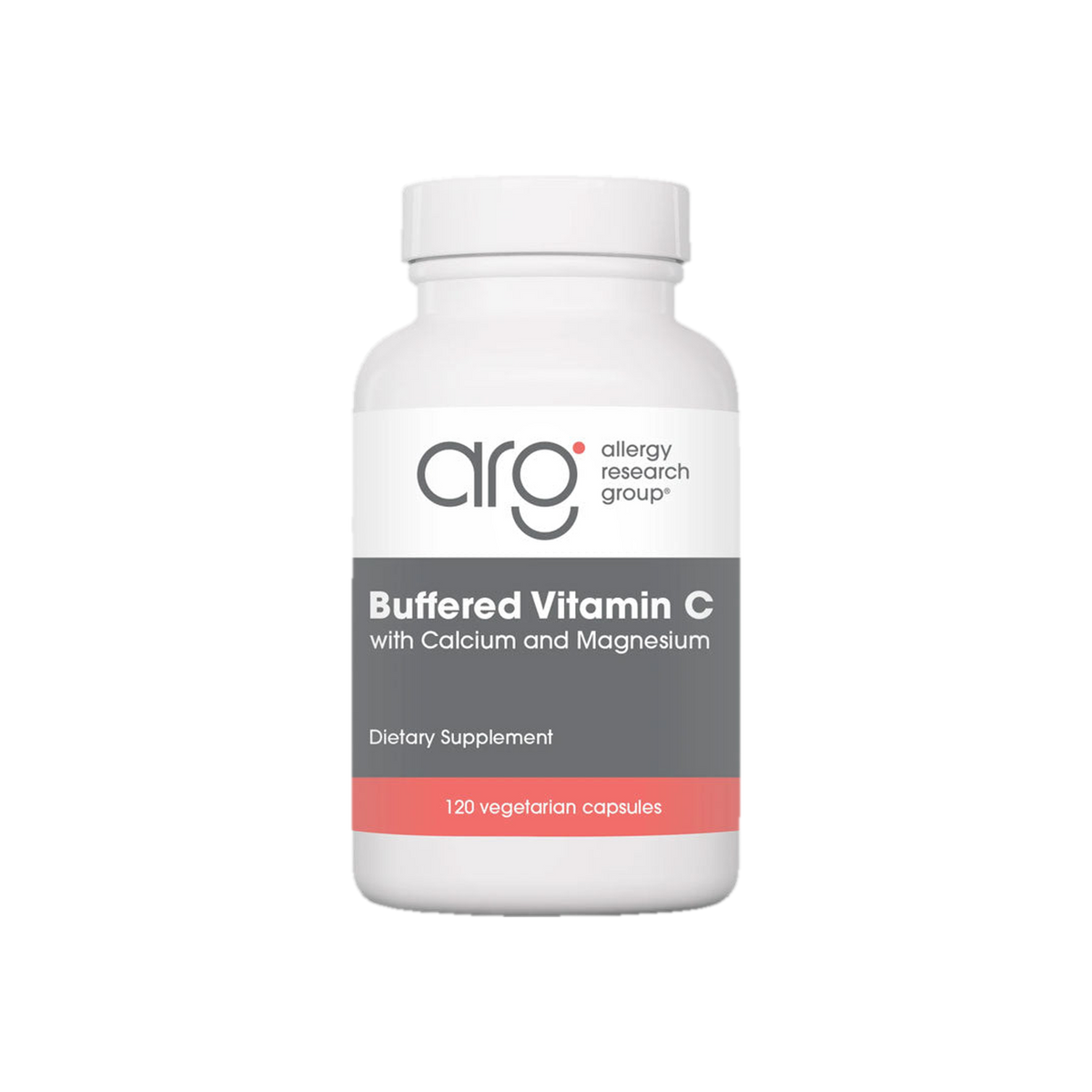 A supplement container of Buffered Vitamin C 120c by Allergy Research Group