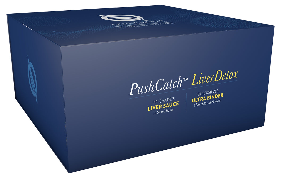 A supplement container of PushCatch™ Liver Detox (Protocol) by Quicksilver