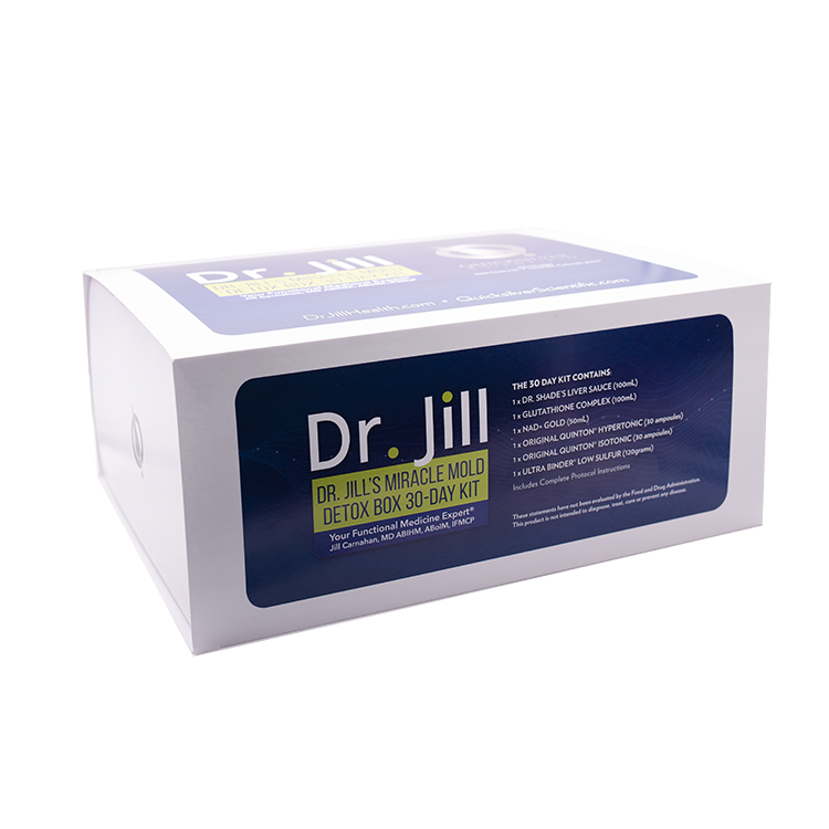 A supplement container of Dr. Jill's Miracle Mould Detox Box (Protocol) by Quicksilver