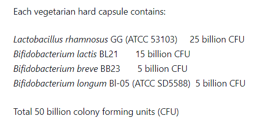 Supplement facts for Pro4-50™ 30 Caps listing ingredients including Bifidobacterium, Bifidobacterium breve BB23, Bifidobacterium lactis, Bifidobacterium longum Bl-05, Lactobacillus rhamnosus