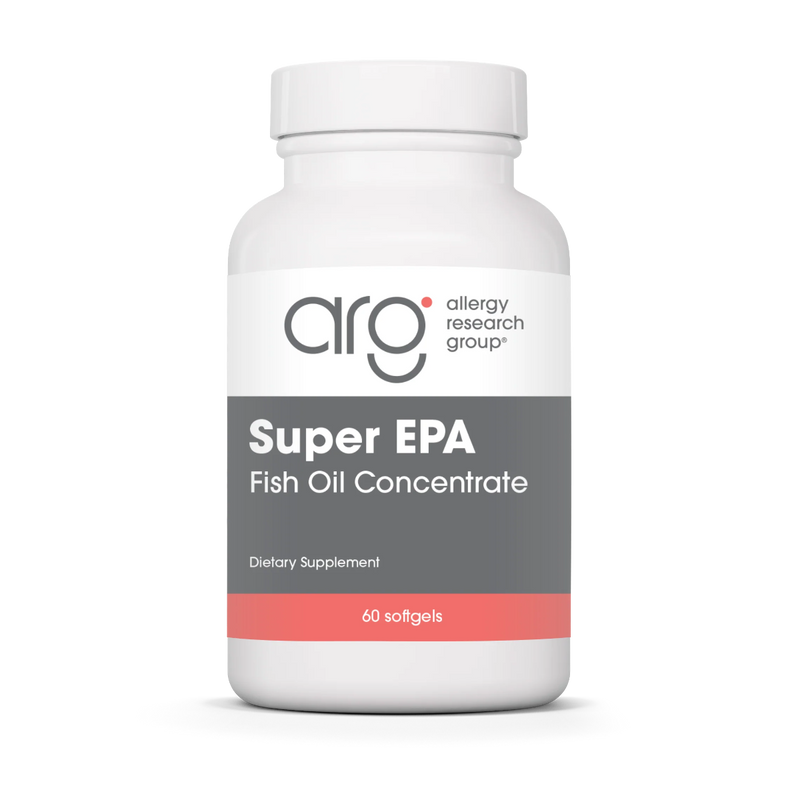 A Supplement container with the name Super EPA, Fish Oil Concentrate by Allergy Research Group.