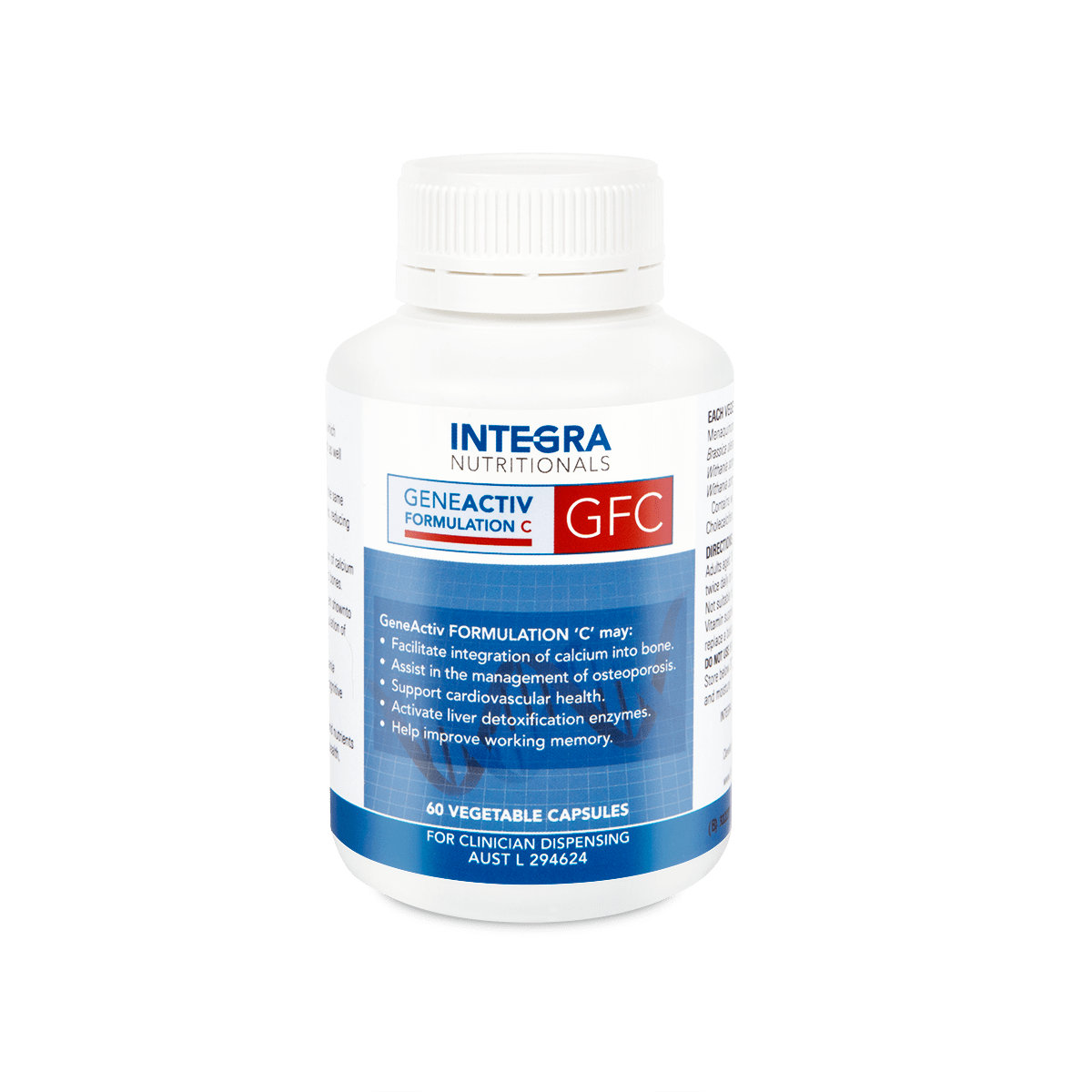 A Supplement container with the name GeneActiv Formulation C (GFC) (60 Vege Caps) by Integra Nutritional.