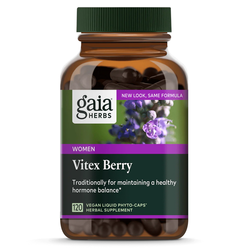 A Supplement container with the name Vitex Berry by Gaia Herbs.