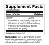 Ingredients list:
Garlicillin, Garlic oil, Allium sativum, bulb, parsley oil, petroselinum crispum, seed, blend containing 20mg garlic diallyl sulfide, diallyl disulfide, diallyl trisulfide and ajoene, olive oil, bovine gelatin, glycerine, purified water, yellow beeswax, pharmaceutical glaze, sunflower lecithin, sodium alginate, annatto color