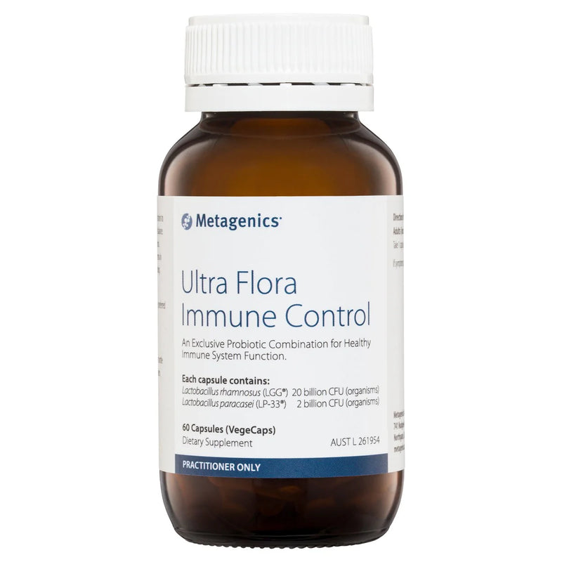 A Supplement container with the name Ultra Flora Immune Control by Metagenics.
