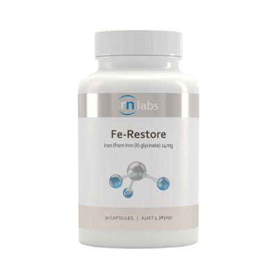 An image of a white supplement bottle that says rn labs fe-restore iron (from Iron (II) glycinate)24mg 30 capsules