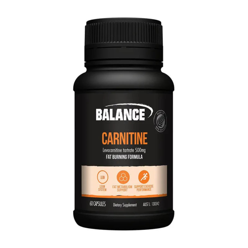 A Supplement container with the name Carnitine by Balance. ingredients: Each capsule provides Levocarnitine tartrate 500mg, Equiv. Levocarnitine 341mg, Encapsulating aids, Formulated without: Gluten, wheat, dairy products, egg, soy, corn, artificial colours, artificial flavours, artificial sweeteners, preservatives. Contains animal products (capsule).
