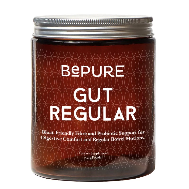 Image of a brown bottle with the title be pure gut regular. Bloat friendly fibre and probiotic support for digestive comfort and regular bowel motions