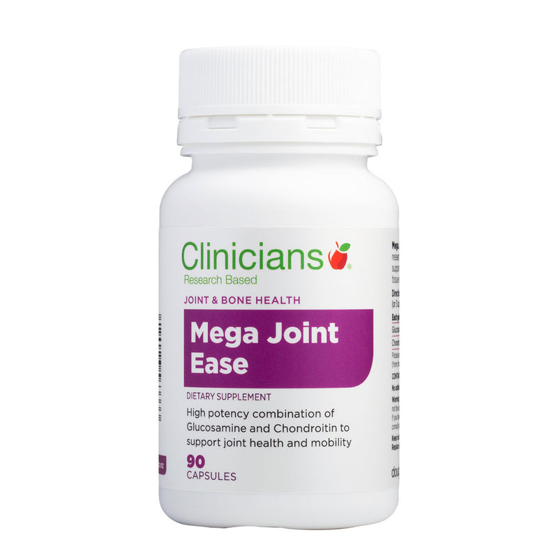 A Supplement container with the name Mega Joint Ease by Clinicians.