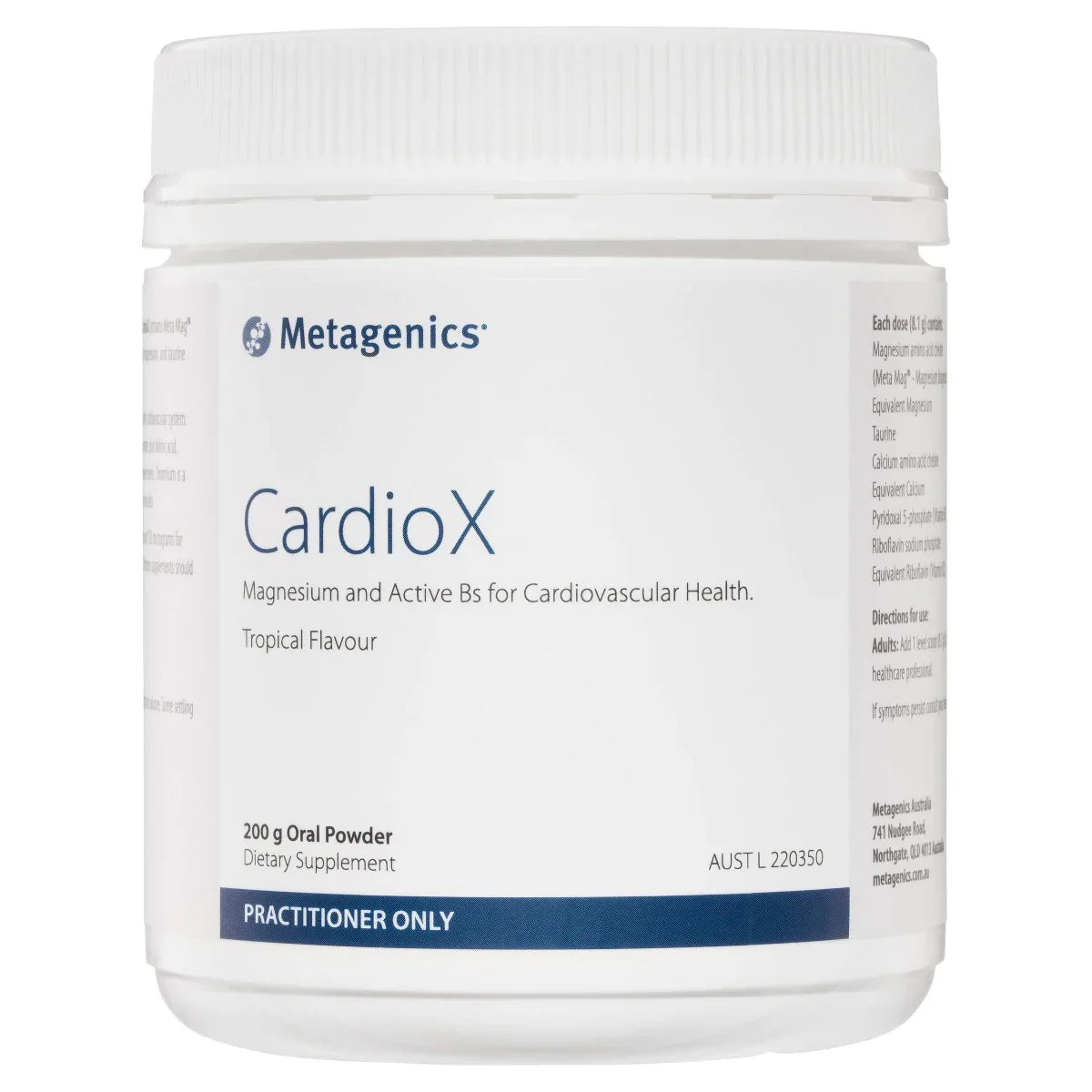A Supplement container with the name CardioX (200grams) by Metagenics.
