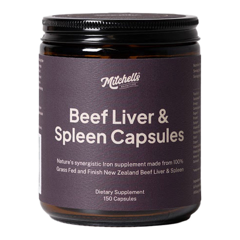 A Supplement container with the name Beef Liver & Spleen Capsules by Mitchell's Nutrition.