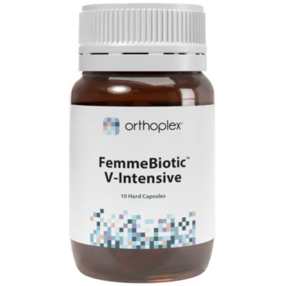 A Supplement container with the name FemmeBiotic V-Intensive (10 Caps) by Orthoplex White