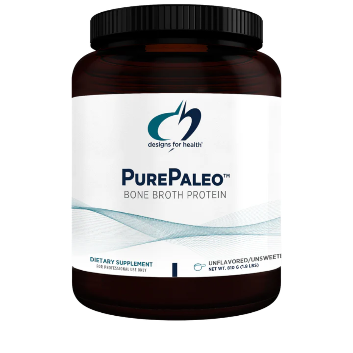 A Supplement container with the name PurePaleo Bone Broth Protein (Unflavored) by Designs for Health.