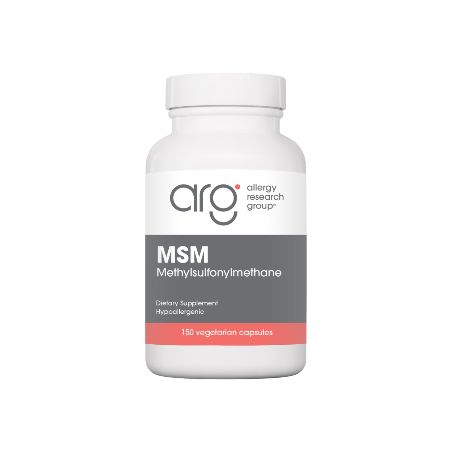 A supplement container of MSM (150 caps) by Allergy Research Group