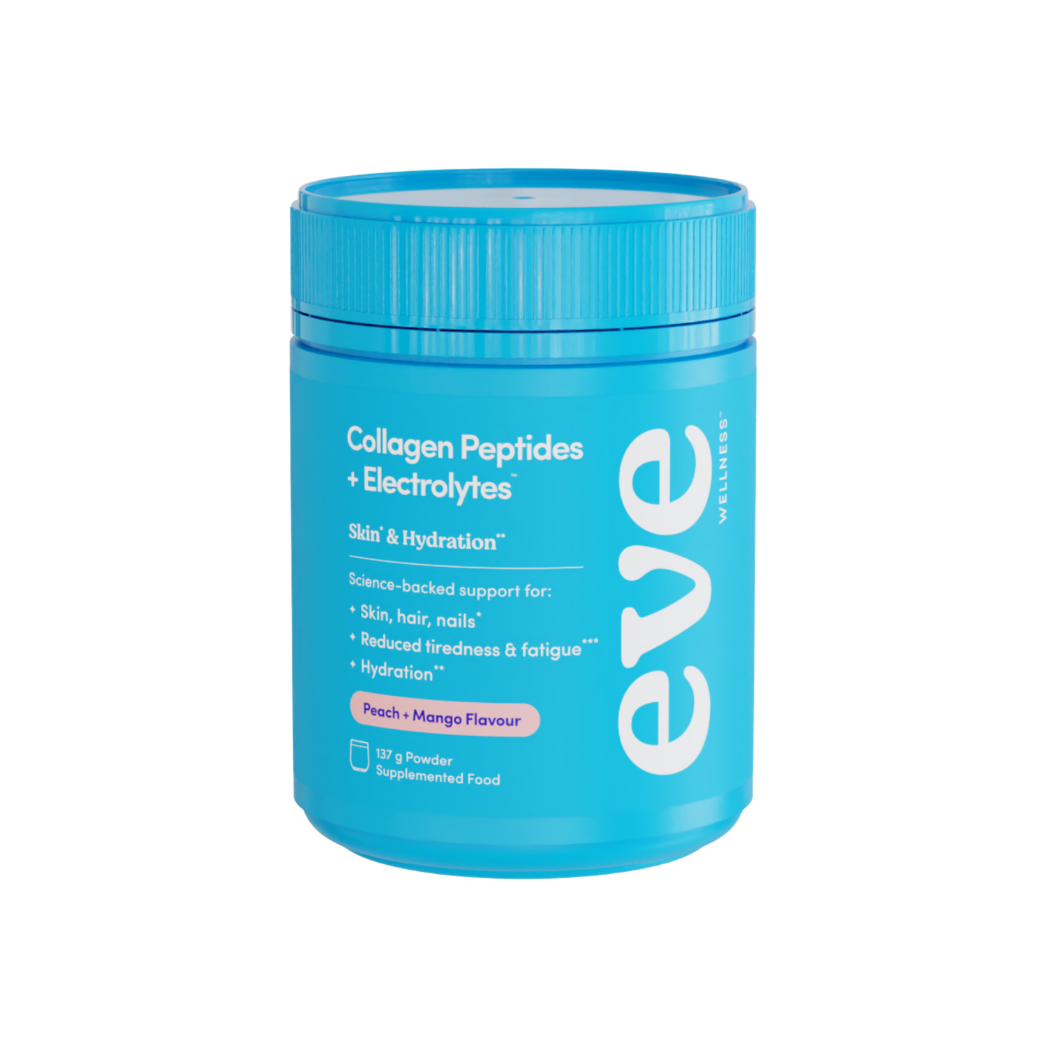 A supplement container of Collagen Peptides + Electrolytes Peach Mango by Eve