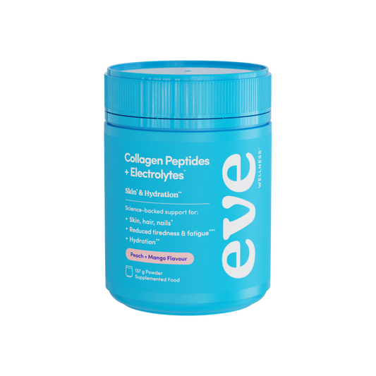 A supplement container of Collagen Peptides + Electrolytes Peach Mango by Eve