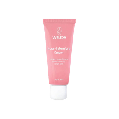 A pink squeeze tube of Rose-Calendula Cream made by Weleda.