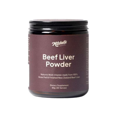 A Supplement container with the name Beef Liver Powder by Mitchells Nutrition.