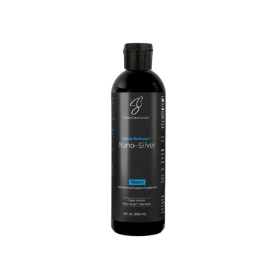 A Supplement container with the name Active Defense Nano - Silver 10ppm (236ml) by SilverCeuticals.