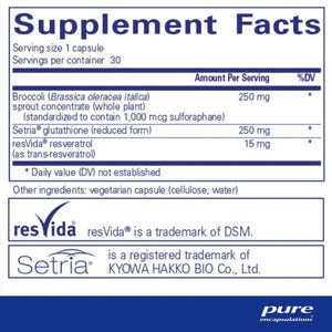 Text describing the Ingredients: Broccoli ( Brassica oleracea italica), Setria glutathione (reduced form) resVida resveratrol (as trans-resveratrol).