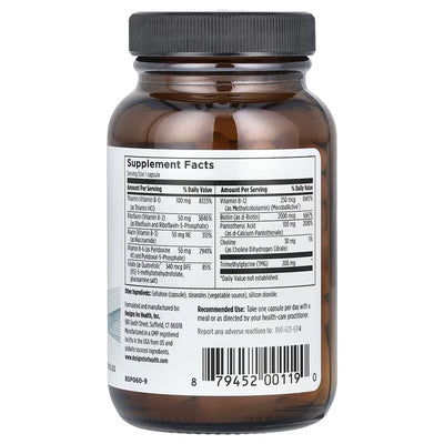 Ingredients including Thiamin, Vitamin b1, Thiamin HCl, Riboflavin, Vitamin b2, Niacin, b3, Vitamin b6, p5p, Pyridoxine 5 phosphate,  Folate, Quatrefolic, l5mthfr, Vitamin b-12, Biotin, Choline, Pantothenic Acid, TMG, Trimethylglycine.