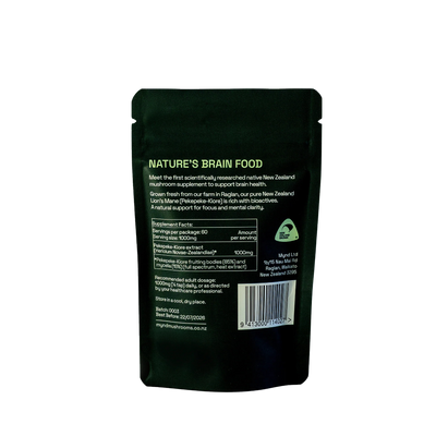 Ingredients: Pekepeke-Kiore extract (Hericium Novae-Zealandiae), Pekepeke-Kiore fruiting bodies (85%) and mycelia (15%) (Full-spectrum, heat extract.)
