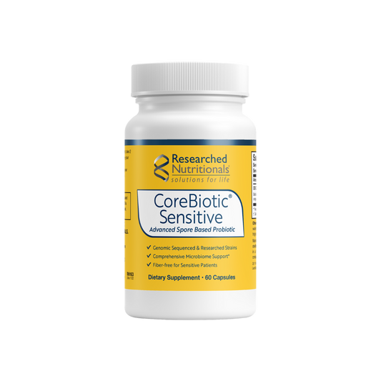 A supplement container of CoreBiotic Sensitive by Researched Nutritionals