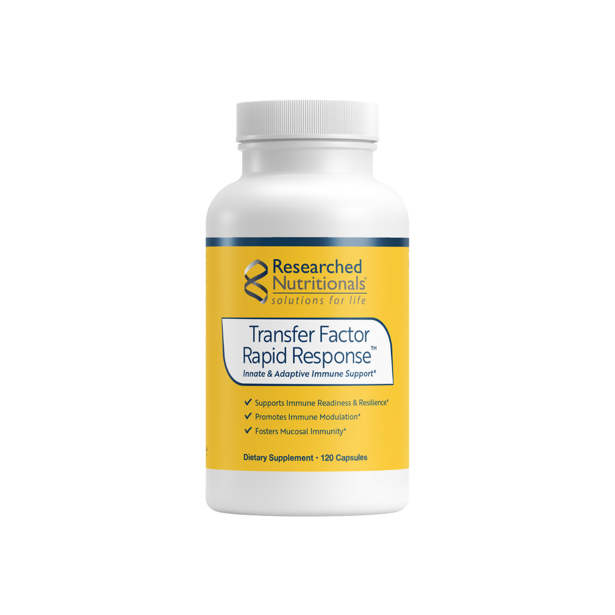 A supplement container of Transfer Factor Rapid Response by Researched Nutritionals