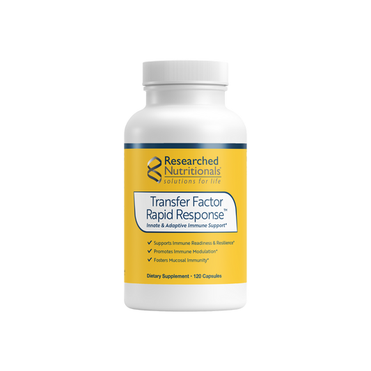 A supplement container of Transfer Factor Rapid Response by Researched Nutritionals