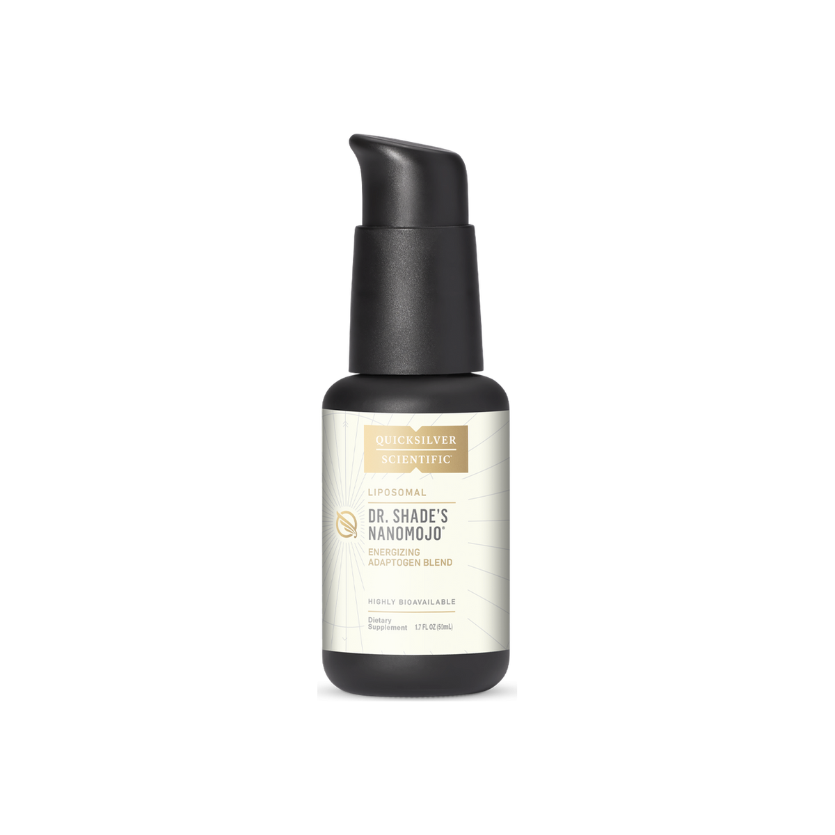 A supplement container of NanoMojo® Adaptogenic Blend - Liposomal by Quicksilver