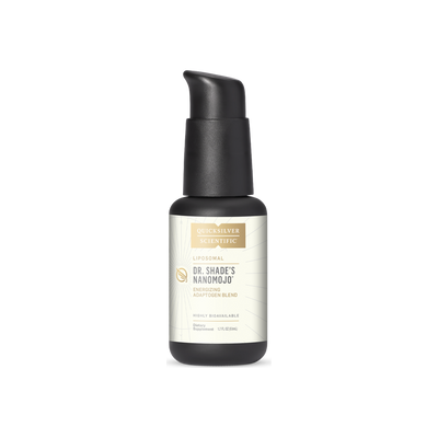 A supplement container of NanoMojo® Adaptogenic Blend - Liposomal by Quicksilver