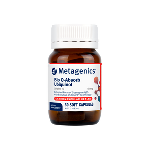 A supplement container of Bio Q-Absorb Ubiquinol by Metagenics