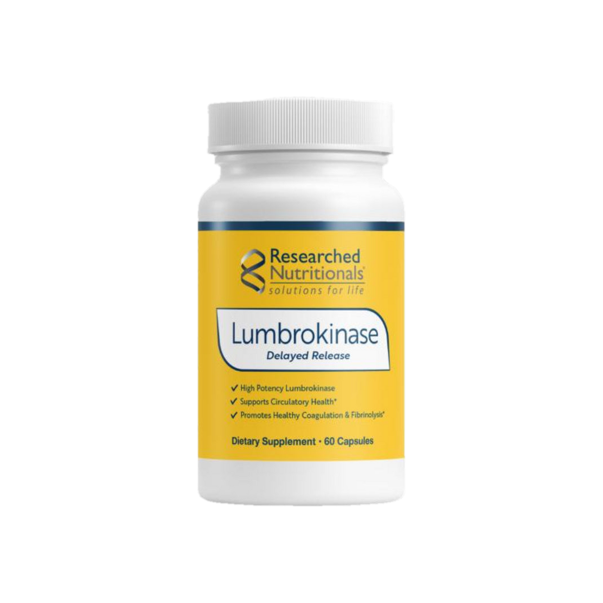 A Supplement container with the name Lumbrokinase by Researched Nutritionals