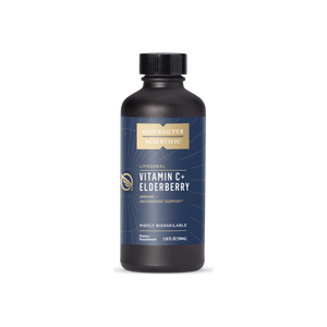 A supplement container of Vitamin C+ Elderberry™ - liposomal by Quicksilver