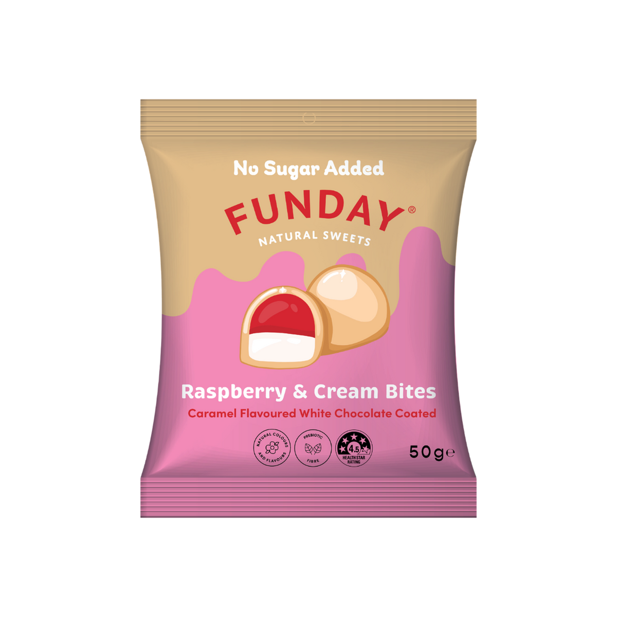 A supplement container of Caramel White Chocolate Raspberry & Cream Bites by Funday Natural Sweets
