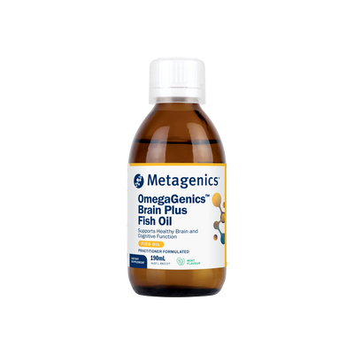 A supplement container of OmegaGenics Brain Plus Fish Oil by Metagenics
