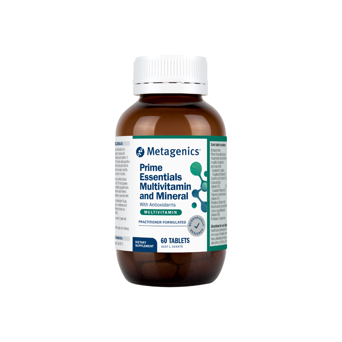 A supplement container of Prime Essentials Multivitamin and Minerals by Metagenics