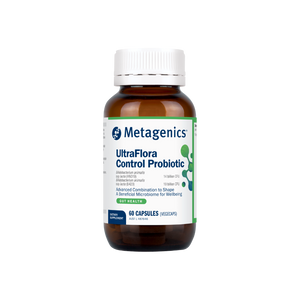 A supplement container of UltraFlora Control Probiotic by Metagenics