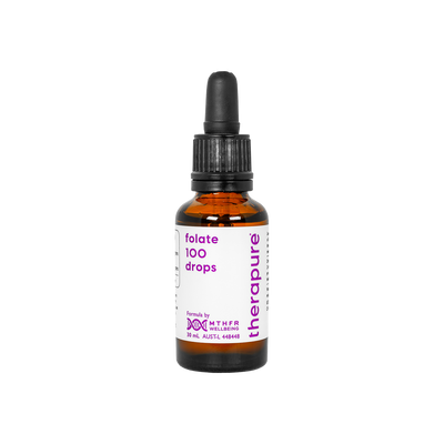 A supplement container of MTHFR (TheraPure) Methyl Folate 100 by MTHFR Support