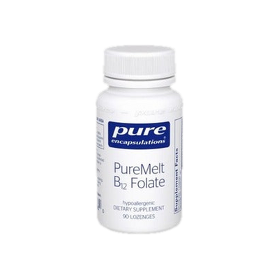 A supplement container of PureMelt B12 Folate 90 lozenges by Pure Encapsulations