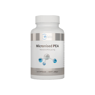 A supplement container of Micronised PEA 120c by RN Labs