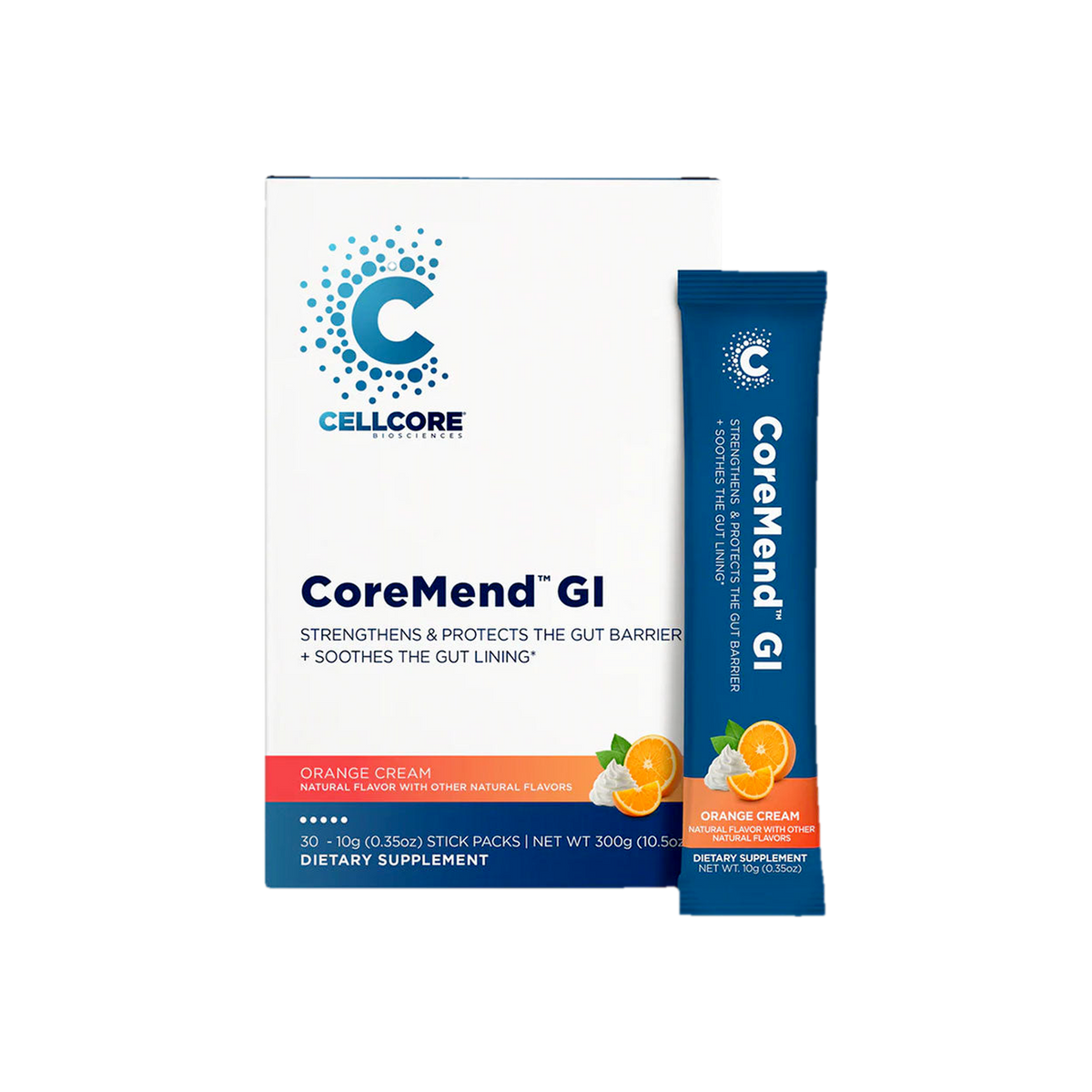 A supplement container of CoreMend GI Orange Cream 30 stick packs by Cellcore
