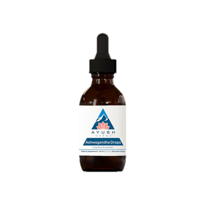 A supplement container of Ashwagandha Drops Adult 60ml by Ayush Herbs