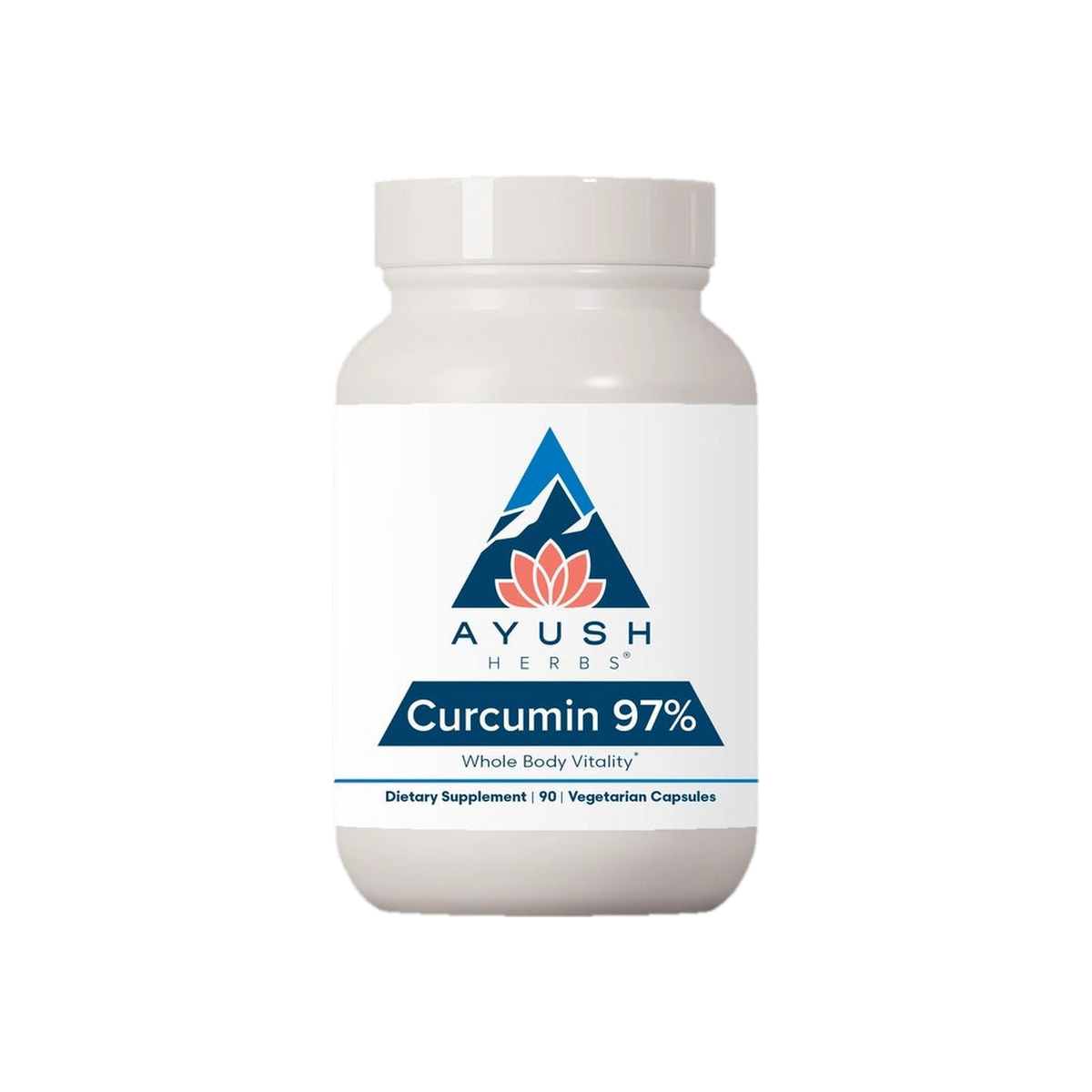 A supplement container of Curcumin 97% 90c by Ayush Herbs