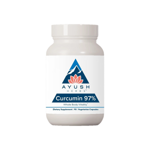 A supplement container of Curcumin 97% 90c by Ayush Herbs