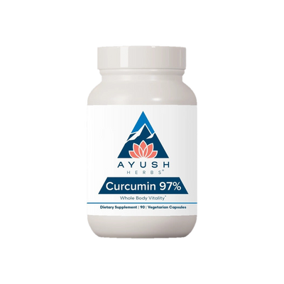 A supplement container of Curcumin 97% 90c by Ayush Herbs